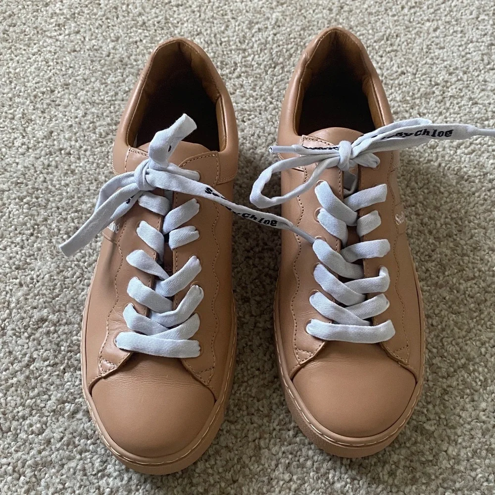 Like new! See By Chloe Essie Leather Tan Sneakers with White Laces